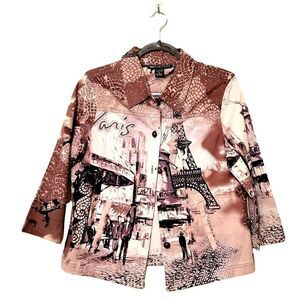Mirror Image Womens Jacket  Brown White M Eiffel Tower Print Stretch Denim Jean